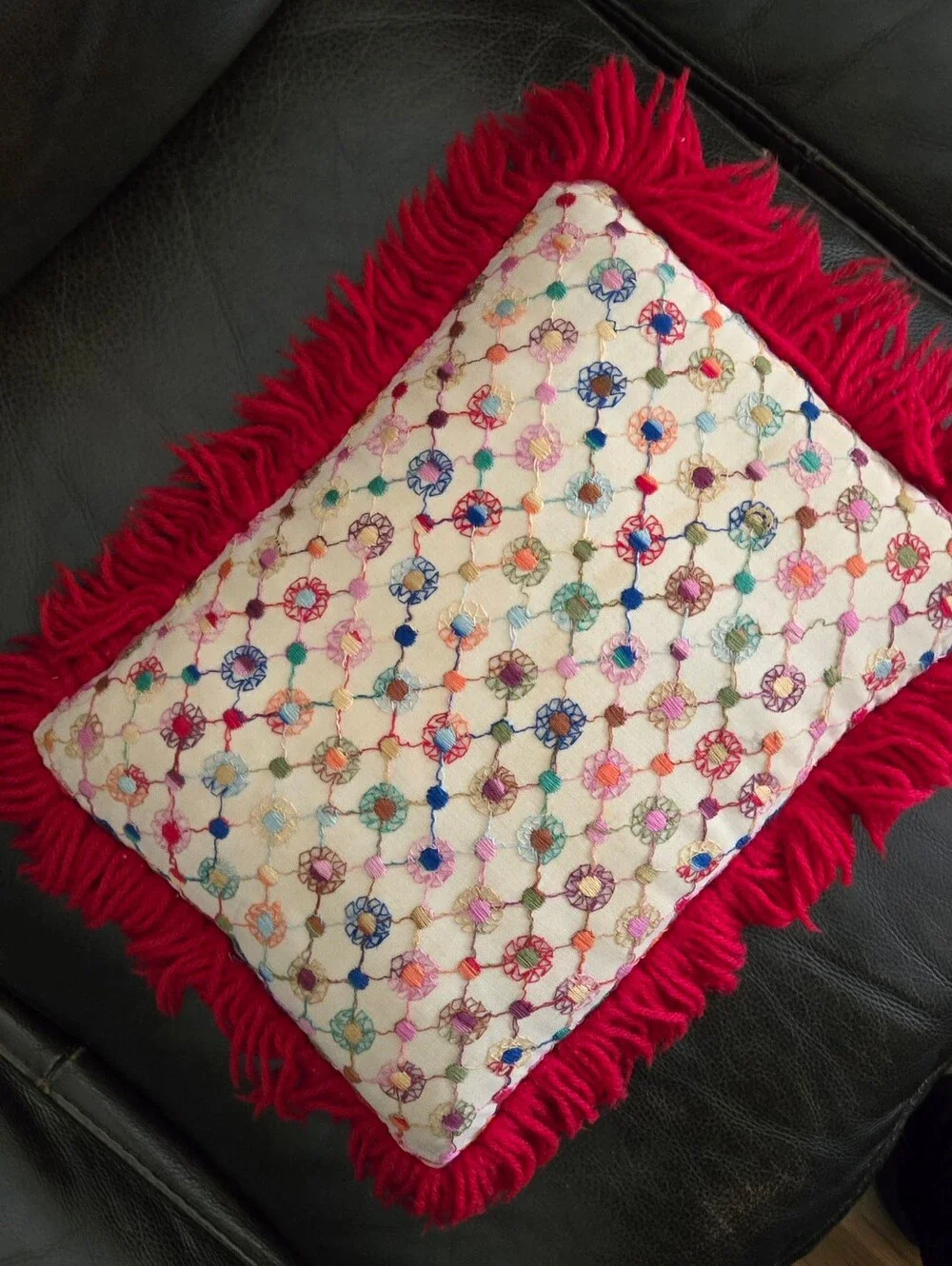 Vintage Embroidered Multicolor Decorative Throw Pillow with Red Fringe
